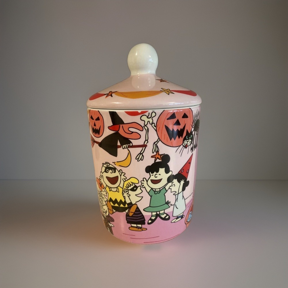 Peanuts Halloween Ceramic Canister Jar Charlie Brown Snoopy Pink Pumpkin